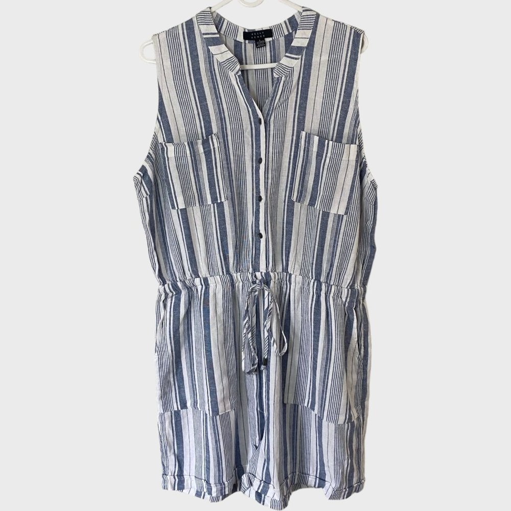 Kelly Renee Blue And White Striped Sleeveless Linen Romper Women's Size Large